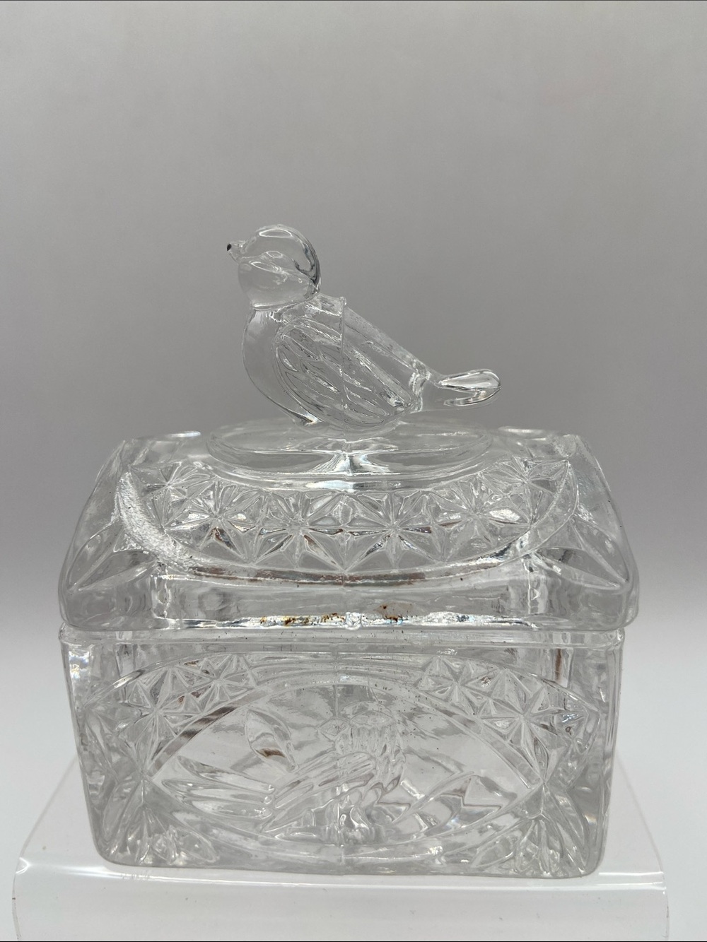 Vintage Hofbauer Crystal Bird Trinket Box Starburst Pattern With Lid